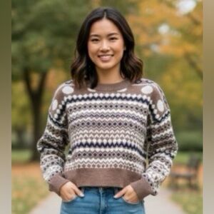 Knit Mix Cabincore Cropped Fair Isle Geometric Brown Knit Sweater Women’s Small